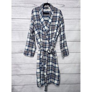 LL Bean Mens Blue Plaid Flannel Robe 100% Cotton Shawl Collar L-REG FLAW